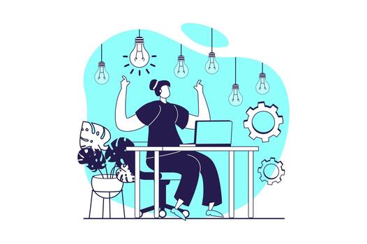 Finding ideas web concept with flat people for website design. Woman brainstorming and making creative research, developing project plan and finding decisions and inventions. illustration. vector