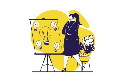 hallazgo ideas web concepto con plano personas para sitio web diseño. mujer pensamiento, lluvia de ideas y haciendo análisis, resolviendo problema, hallazgo decisiones, innovaciones y inventos ilustración. vector