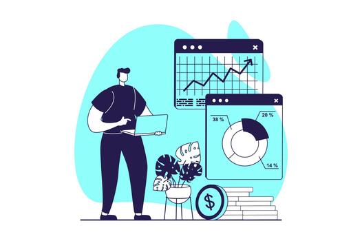 Digital business web concept with flat people for website design. Man making financial data analysis on charts, works in online commerce, planning project with marketing research. illustration. vector