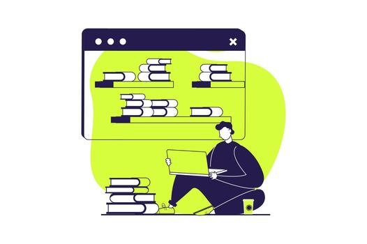 Distant learning web concept with flat people for website design. Student reading books from laptop, studying with digital textbooks, working in library with online information. illustration. vector