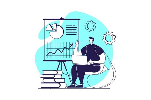 Digital business web concept with flat people for website design. Man analyzing financial data on diagram with growth trend, analyzing sells performances, getting profit progress. illustration. vector