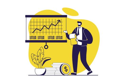 Financial analysis web concept with flat people for website design. Man working with data chart with growth arrow, making financial report with statistics and doing presentation. illustration. vector