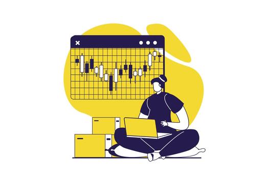 Digital business web concept with flat people for website design. Woman analyzing financial data on bar chart, analyzing performances, getting profit progress, managing company. illustration. vector