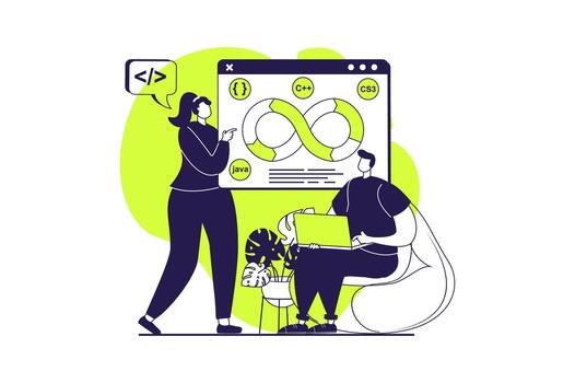 devops web concepto con plano personas para sitio web diseño. hombre y mujer haciendo trabajo en equipo infraestructura con ágil producción ciclos, utilizando administración y programación conexión. ilustración. vector