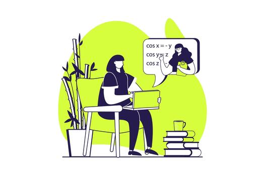 distante aprendizaje web concepto con plano personas para sitio web diseño. mujer estudiando en línea desde ordenador portátil con maestro, estudiante acecho seminarios web y lecciones a virtual cursos ilustración. vector