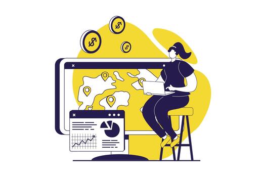 Digital business web concept with flat people for website design. Woman analyzing financial data on charts, working in online global commerce project, doing marketing research. illustration. vector
