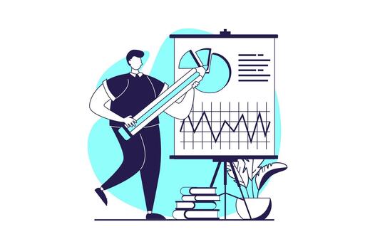Financial analysis web concept with flat people for website design. Man working with diagram and charts, making balance accounting and bookkeeping, researching data and budget. illustration. vector