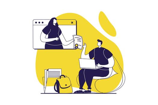 Distant learning web concept with flat people for website design. Man graduating virtual class online and gets diploma from teacher, ending professional courses, gets knowledge. illustration. vector