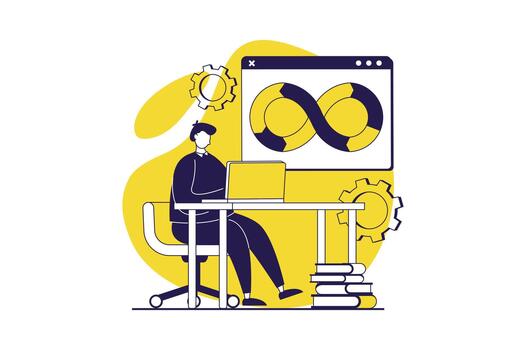 DevOps web concept with flat people for website design. Man working with agile production cycles, using management and programming connection, creating teamwork infrastructure. illustration. vector