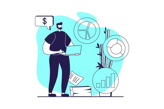 Financial analysis web concept with flat people for website design. Man working with statistics, charts and diagrams, making balance accounting, bookkeeping and planning strategy. illustration. vector