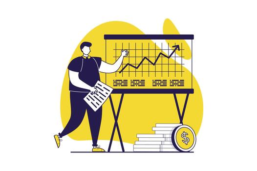 Business activities web concept with flat people for website design. Businessman analyzing financial chart with growth trend, making report and presentation, planning strategy. illustration. vector