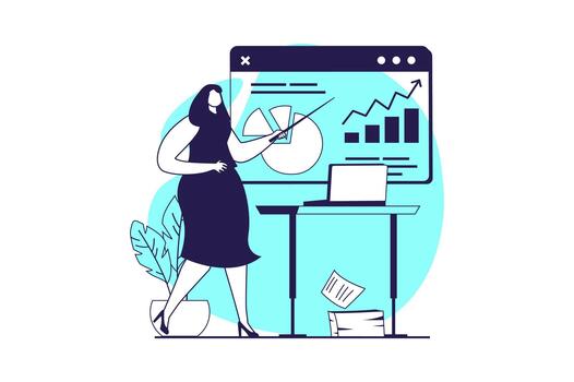 Business process web concept with flat people for website design. Businesswoman analyzing diagram at presentation, making report and financial consulting, finding solutions. illustration. vector