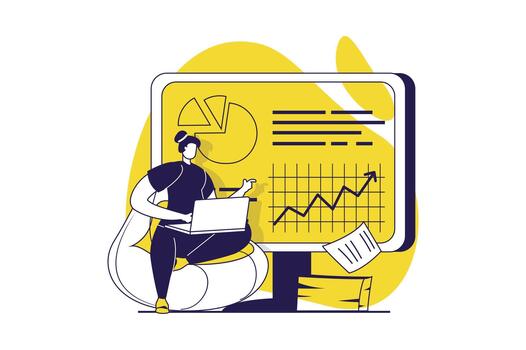 Business activities web concept with flat people for website design. Businesswoman analyzing financial chart with growth trend, making presentation report, developing startup. illustration. vector