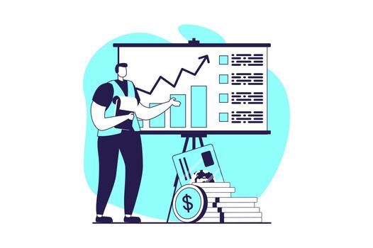 Analyzing budget web concept with flat people for website design. Man making presentation with financial report with arrow growth graph, accounting finance chart and performances. illustration. vector