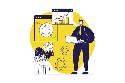 Business process web concept with flat people for website design. Businessman working with financial data, making report with graph research, investing money in company project. illustration. vector