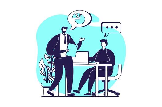 Business activities web concept with flat people for website design. Businessmen discussing and analyzing financial diagram, brainstorming and developing project, work in team. illustration. vector