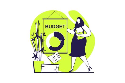 Analyzing budget web concept with flat people for website design. Woman accounting financial balance with diagram and presentation, forecasting earnings performances and savings. illustration. vector