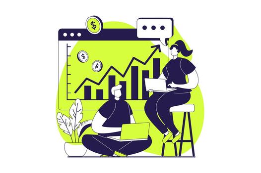 negocio ocupaciones web concepto con plano personas para sitio web diseño. empresario y mujer de negocios analizando grafico con crecimiento tendencia, desarrollando proyecto y creando estrategia. ilustración. vector