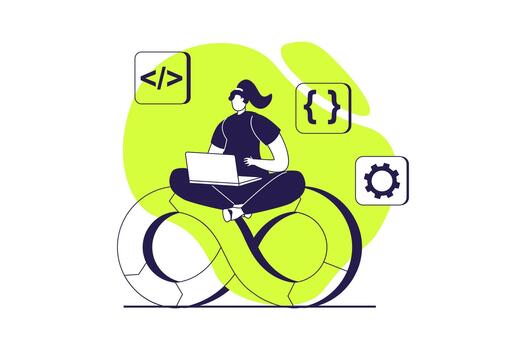 DevOps web concept with flat people for website design. Woman working with programming and management system, job integration practice with agile cycles in it product engineering. illustration. vector