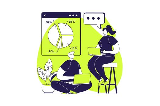 Business process web concept with flat people for website design. Businesswoman and businnessman analyzing diagram, making financial report, finding solutions, working in team. illustration. vector