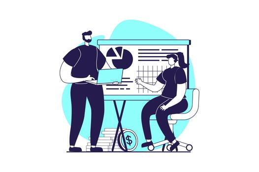 negocio reunión web concepto con plano personas para sitio web diseño. empresario y mujer de negocios que se discute y lluvia de ideas, haciendo financiero presentación, planificación proyecto. ilustración. vector