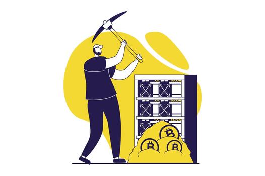 Cryptocurrency mining web concept with flat people for website design. Man with pickaxe working at crypto farm, extracting bitcoins for trading on online stocks, earning profit. illustration. vector