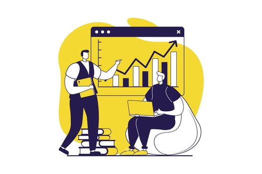 Business meeting web concept with flat people for website design. Businessmen work in team, working with presentation data, planning strategy of company development together. illustration. vector