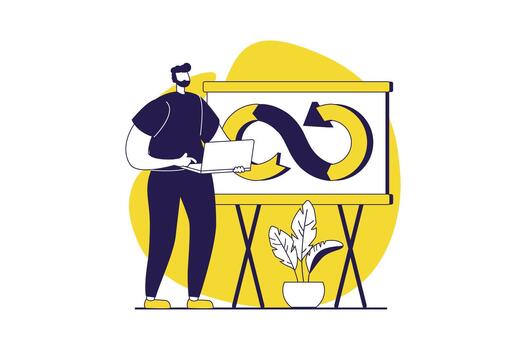 devops web concepto con plano personas para sitio web diseño. hombre trabajando con administración y programación ágil flujo de trabajo ciclos, organización trabajo automatización y integración práctica. ilustración. vector