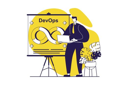DevOps web concept with flat people for website design. Man working with coding and management, using job integration practice with agile cycles in project, maintenance product. illustration. vector