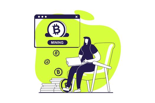 Cryptocurrency mining web concept with flat people for website design. Woman with laptop working at crypto farm, extracting bitcoins for trading on online stocks, earning income. illustration. vector