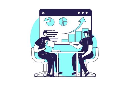 negocio proceso web concepto con plano personas para sitio web diseño. mujer de negocios y empresario trabajo en equipo, que se discute financiero datos a presentación y haciendo negociación. ilustración. vector