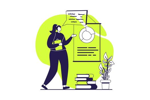Business process web concept with flat people for website design. Businesswoman working with diagram at presentation, planning project, creating efficiency development strategy. illustration. vector