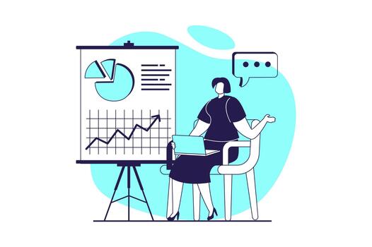 Business process web concept with flat people for website design. Businesswoman analyzing data at growth chart and graph, making financial consulting, researching finance diagram. illustration. vector