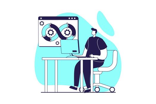 DevOps web concept with flat people for website design. Man working with management and code engineering agile workflow cycles, organisation job automation, integration process. illustration. vector