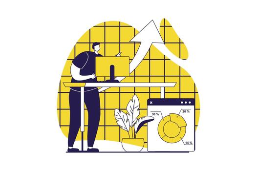 Business process web concept with flat people for website design. Businessman analyzing company data at growth charts, brainstorming innovations, finding success opportunity. illustration. vector