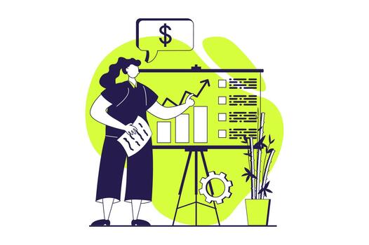 Business process web concept with flat people for website design. Businesswoman analyzing company data at growth charts, creating success strategy, brainstorming innovations. illustration. vector