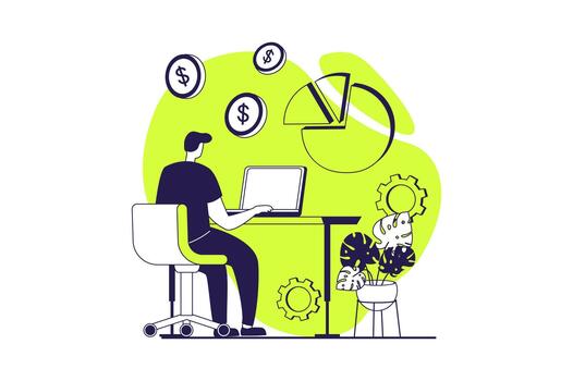 Analyzing budget web concept with flat people for website design. Man working with financial report, researching diagram in laptop, accounting finance earning and savings data. illustration. vector