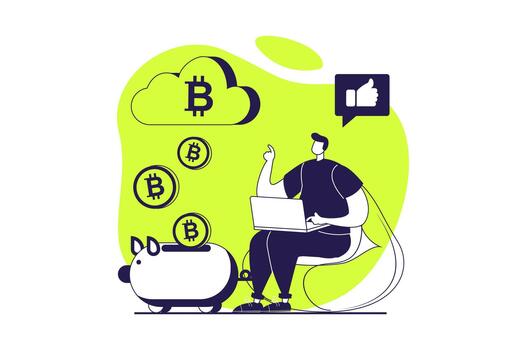Cryptocurrency mining web concept with flat people for website design. Man working at laptop on crypto farm, extracting digital money and bitcoins for virtual trading and wealth. illustration. vector