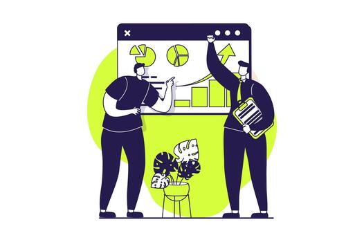 Business activities web concept with flat people for website design. Businessmen discussing presentation report with financial chart, planning investments, developing startup. illustration. vector