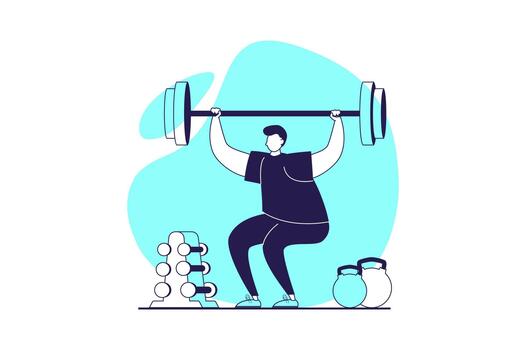 Fitness at gym web concept with flat people for website design. Man training and lifting barbell, doing exercises with strength program for pumping muscles, bodybuilding practice. illustration. vector