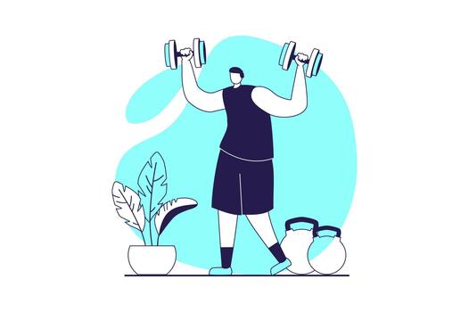 Fitness at gym web concept with flat people for website design. Man training and lifting dumbbells, doing exercises with strength program, weightlifting for pumping muscles. illustration. vector