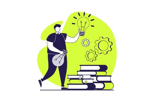 Finding ideas web concept with flat people for website design. Man making exploration and research, finding creative decision and improvement for challenge, searching solving. illustration. vector