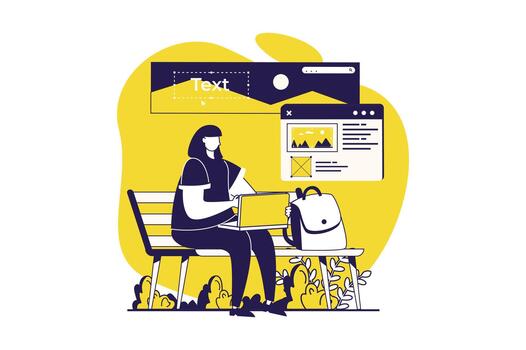 Freelance working web concept with flat people for website design. Woman works as designer or programmer, doing tasks online from laptop while sitting in park bench outdoors. illustration. vector