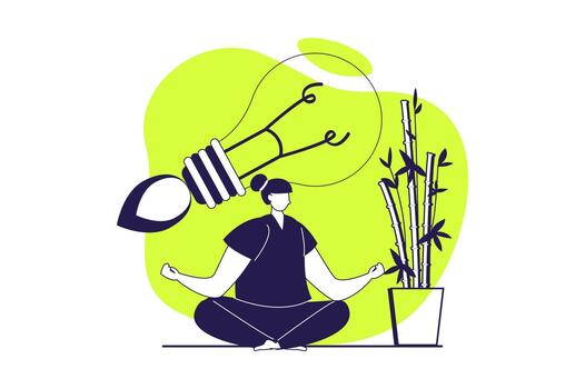 Finding ideas web concept with flat people for website design. Woman thinking and brainstorming in meditation, finding challenge decisions, getting awareness mind and insights. illustration. vector