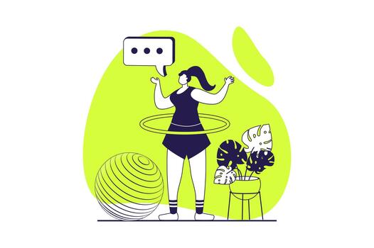 aptitud a gimnasio web concepto con plano personas para sitio web diseño. mujer formación y hilado hula aro, haciendo ejercicios con rutina de ejercicio programa para equilibrar y dinámica movimientos ilustración. vector