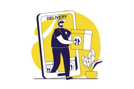 Food delivery web concept with flat people for website design. Client making online orders in restaurant application, getting parcel boxes from courier, paying and tracking. illustration. vector
