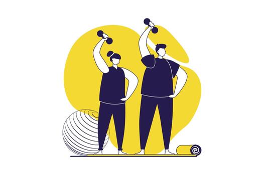 aptitud a gimnasio web concepto con plano personas para sitio web diseño. mujer y hombre formación con pesas y ajuste pelota, haciendo ejercicios con fuerza programa para bombeo músculos. ilustración. vector