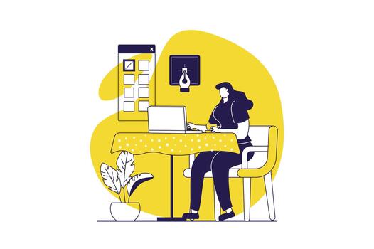 Freelance working web concept with flat people for website design. Woman works as designer and creating layouts, doing project tasks online from laptop while sitting cafe table. illustration. vector