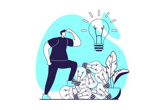 Finding ideas web concept with flat people for website design. Man thinking and brainstorming, solving problem and finding decisions, explorating information and getting insights. illustration. vector