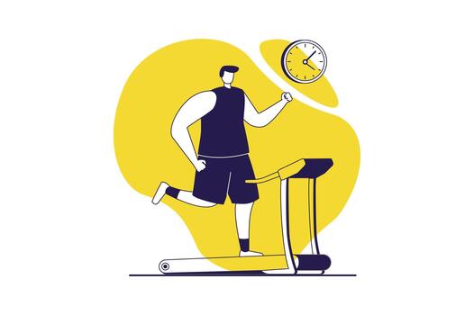 Fitness at gym web concept with flat people for website design. Man training and running at treadmill machine, doing exercises with cardio program and developing endurance. illustration. vector